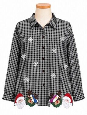 Lemon Grass 90's Embroidered Plaid Christmas Santa Button Down Shirt Sz 20 Party